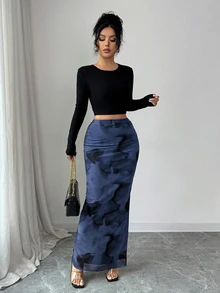 Rafferiza Women's Elegant Chaotic Elastic Mesh Bodycon High Slit Maxi Skirt - Navy Blue - View 5