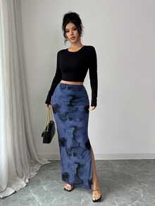 Rafferiza Women's Elegant Chaotic Elastic Mesh Bodycon High Slit Maxi Skirt - Navy Blue - View 8