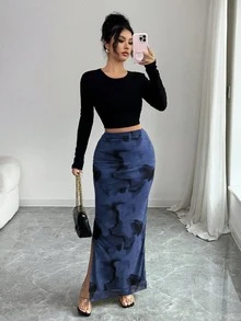Rafferiza Women's Elegant Chaotic Elastic Mesh Bodycon High Slit Maxi Skirt - Navy Blue - View 7