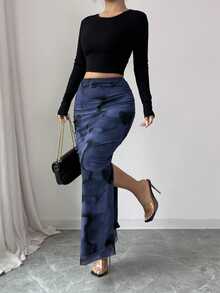 Rafferiza Women's Elegant Chaotic Elastic Mesh Bodycon High Slit Maxi Skirt - Navy Blue - View 4