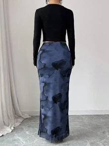 Rafferiza Women's Elegant Chaotic Elastic Mesh Bodycon High Slit Maxi Skirt - Navy Blue - View 2