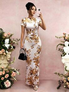 Rafferiza Women's Spring/Summer Ruched Waist Leopard Print Vacation Beach Long Short Sleeve Fitted Dress - Yellow - View 3