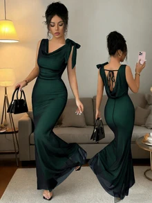 SHEIN Raffinéa Contrast Color Mesh Double Ruffle Collar Bow Tie Waist Fitted Fishtail Backless Sleeveless Dress For Women - Green - View 9