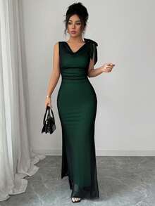 SHEIN Raffinéa Contrast Color Mesh Double Ruffle Collar Bow Tie Waist Fitted Fishtail Backless Sleeveless Dress For Women - Green - View 5