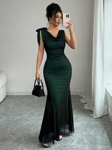 SHEIN Raffinéa Contrast Color Mesh Double Ruffle Collar Bow Tie Waist Fitted Fishtail Backless Sleeveless Dress For Women - Green - View 6