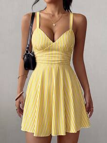 SHEIN Raffinéa Women's V-Neck Knit Ruched Waist A-Line Sexy Tropical Elegant Spaghetti Strap Short Dress Going Out Night Out Vacation White And Yellow Summer - Pale Yellow - View 9