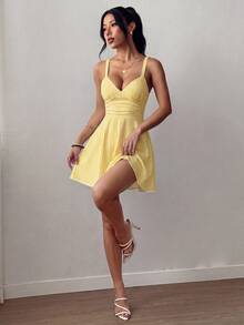 SHEIN Raffinéa Women's V-Neck Knit Ruched Waist A-Line Sexy Tropical Elegant Spaghetti Strap Short Dress Going Out Night Out Vacation White And Yellow Summer - Pale Yellow - View 8