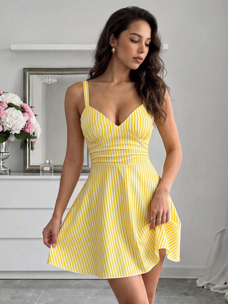SHEIN Raffinéa Women's V-Neck Knit Ruched Waist A-Line Sexy Tropical Elegant Spaghetti Strap Short Dress Going Out Night Out Vacation White And Yellow Summer