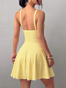 SHEIN Raffinéa Women's V-Neck Knit Ruched Waist A-Line Sexy Tropical Elegant Spaghetti Strap Short Dress Going Out Night Out Vacation White And Yellow Summer - Pale Yellow - View 5
