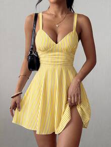 SHEIN Raffinéa Women's V-Neck Knit Ruched Waist A-Line Sexy Tropical Elegant Spaghetti Strap Short Dress Going Out Night Out Vacation White And Yellow Summer - Pale Yellow - View 4