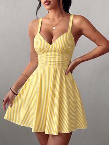 SHEIN Raffinéa Women's V-Neck Knit Ruched Waist A-Line Sexy Tropical Elegant Spaghetti Strap Short Dress Going Out Night Out Vacation White And Yellow Summer - Pale Yellow - View 7
