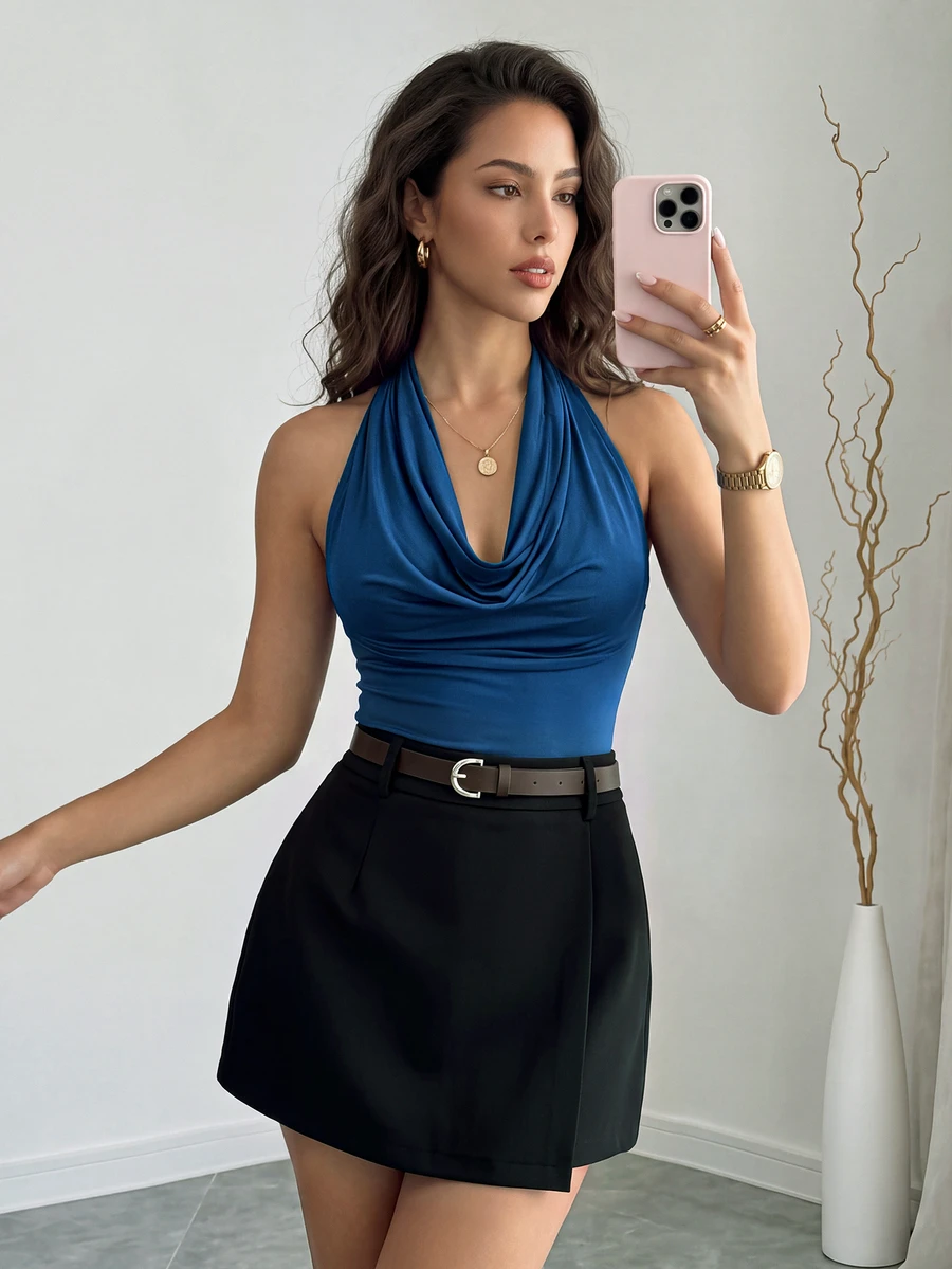 Rafferiza 2pcs Set: Casual Solid Color Pleated Halter Neck Top And Matching Black Skort With Belt - Navy Blue - View 1