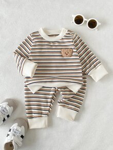 SHEIN 2件組新生兒嬰兒男孩女孩可愛泰迪熊刺繡羅紋條紋圓領長袖套頭上衣褲子套裝 嬰兒幼兒秋季服飾 - 杏色 - 查看 4