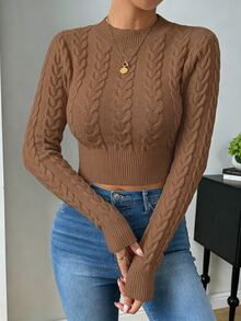 SHEIN Raffinéa 休閒百搭純色短版針織衫 - 棕色 - 查看 10