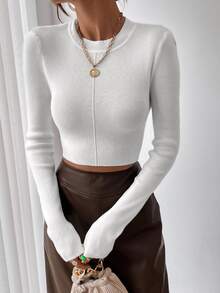 SHEIN Raffinéa Y2K Minimalist Basic Casual Commute Comfortable Knitted Cropped Pullover Sweater Everyday White Fall Brunch Going Out - White - View 7