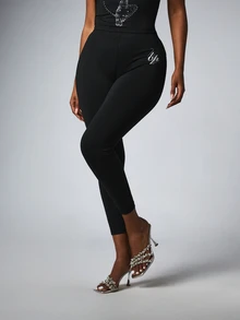 BABYPHAT Christmas Rhinestone Logo Cropped Leggings High Rise Skin Tight Stretch Pants With Script Crystal Embellishment On Upper Thigh - Black - View 3