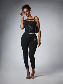BABYPHAT Christmas Rhinestone Logo Cropped Leggings High Rise Skin Tight Stretch Pants With Script Crystal Embellishment On Upper Thigh - Black - View 4