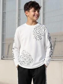SHEIN Vacaura Teen Boys Crew Neck Long Sleeve Contrast Color Collar And Cuff Spring/Autumn T-Shirt - White - View 1