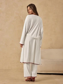 HautHeat Women's Camisole Top And Drawstring Waist Long Pants With Long Sleeve Robe Loungewear Set - White - View 2