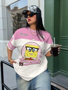 SpongeBob SquarePants | SHEIN تي شيرت كاجوال صيفي بمقاسات كبيرة مع طباعة كرتونية وألوان متباينة - أبيض - مشاهدة 5