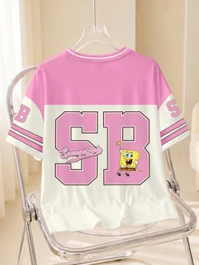 SpongeBob SquarePants | SHEIN تي شيرت كاجوال صيفي بمقاسات كبيرة مع طباعة كرتونية وألوان متباينة - أبيض - مشاهدة 2