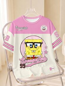 SpongeBob SquarePants | SHEIN تي شيرت كاجوال صيفي بمقاسات كبيرة مع طباعة كرتونية وألوان متباينة - أبيض - مشاهدة 1