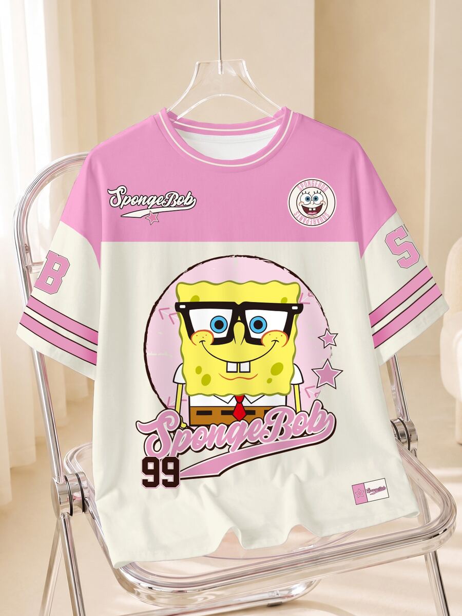 SpongeBob SquarePants | SHEIN تي شيرت كاجوال صيفي بمقاسات كبيرة مع طباعة كرتونية وألوان متباينة - أبيض - مشاهدة 1