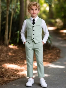 SHEIN 2pcs Tween Boys Sage Green Slim Fit Formal Suit Set, Fall Winter Elegant Wedding Graduation Kids Outfit - Mint Green - View 2
