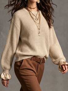 SHEIN Women's Fall Casual Retro Elegant Solid Color Round Neck Long Sleeve Patchwork Ruffle Lantern Sleeve Slimming Pullover Sweater Brunch Beige - Khaki - View 8