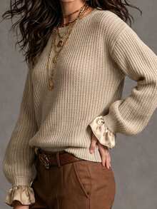 SHEIN Women's Fall Casual Retro Elegant Solid Color Round Neck Long Sleeve Patchwork Ruffle Lantern Sleeve Slimming Pullover Sweater Brunch Beige - Khaki - View 7