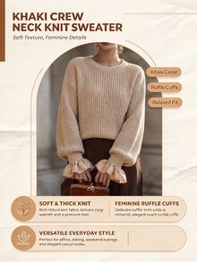 SHEIN Women's Fall Casual Retro Elegant Solid Color Round Neck Long Sleeve Patchwork Ruffle Lantern Sleeve Slimming Pullover Sweater Brunch Beige - Khaki - View 4