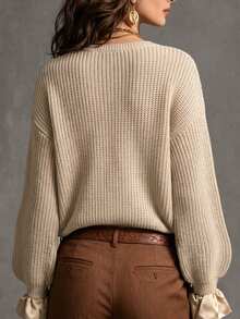 SHEIN Women's Fall Casual Retro Elegant Solid Color Round Neck Long Sleeve Patchwork Ruffle Lantern Sleeve Slimming Pullover Sweater Brunch Beige - Khaki - View 3