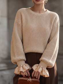 SHEIN Women's Fall Casual Retro Elegant Solid Color Round Neck Long Sleeve Patchwork Ruffle Lantern Sleeve Slimming Pullover Sweater Brunch Beige - Khaki - View 2