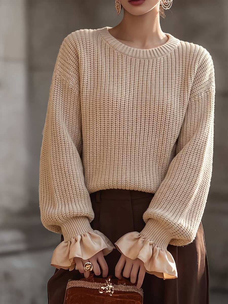 SHEIN Women's Fall Casual Retro Elegant Solid Color Round Neck Long Sleeve Patchwork Ruffle Lantern Sleeve Slimming Pullover Sweater Brunch Beige