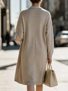 Velvienne فستان محبوك برقبة شبه عالية بلون الشوفان + كارديجان طويل، طقم من قطعتين، سويتر شتوي بمقاس كبير - لون مشمشي - مشاهدة 2