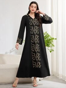Al Najma Loose Printed Robe, Perfect For Casual Daily Wear And Home Leisure, V-Neck Modest Long Sleeve Abaya Arabian Dress - Black - View 6
