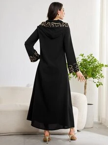 Al Najma Loose Printed Robe, Perfect For Casual Daily Wear And Home Leisure, V-Neck Modest Long Sleeve Abaya Arabian Dress - Black - View 2