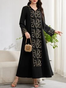 Al Najma Loose Printed Robe, Perfect For Casual Daily Wear And Home Leisure, V-Neck Modest Long Sleeve Abaya Arabian Dress - Black - View 3