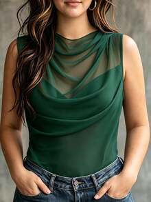 Velvienne Plus Size Women's Cowl Neck Slim Fit Flattering Versatile Contrast Lace Sexy Tank Top - Green - View 4
