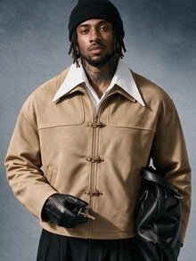 AXEPEAK Men's Casual Versatile Long Sleeve Jacket With Airplane Buckle Placket - Camel - View 1