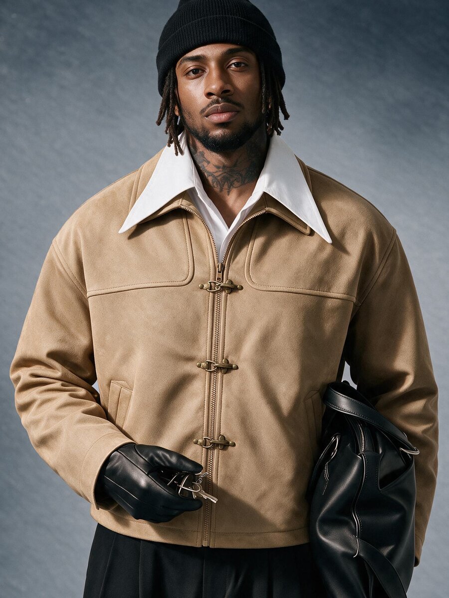 AXEPEAK Men's Casual Versatile Long Sleeve Jacket With Airplane Buckle Placket - Camel - View 1