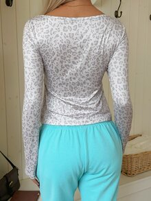 CovetEZ Áo thun dài tay nữ phong cách thường ngày, xếp ly, phối ren họa tiết da báo - màu đen - Xem 2