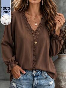 Linhara CURVE Women's Plus Size V-Neck Long Sleeve Blouse, Casual Top For Spring, Autumn, Winter, Festival Outfits, Country Style, Blue Fall - Brown - View 3