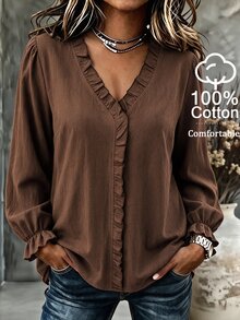 Linhara CURVE Women's Plus Size V-Neck Long Sleeve Blouse, Casual Top For Spring, Autumn, Winter, Festival Outfits, Country Style, Blue Fall - Brown - View 4