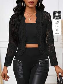 SHEIN Lady Women's Elegant Casual Commuting Lace Ruffle Trim Jacket For Autumn - Black - View 6