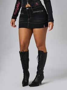 BABYPHAT Cat Logo Black Denim Mini Skirt With Contrast Pink Stitching Zip Pockets Low Rise Pencil Style Spring Summer Festival Ready - Black - View 5