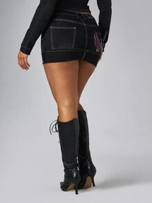 BABYPHAT Cat Logo Black Denim Mini Skirt With Contrast Pink Stitching Zip Pockets Low Rise Pencil Style Spring Summer Festival Ready - Black - View 2