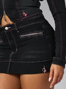 BABYPHAT Cat Logo Black Denim Mini Skirt With Contrast Pink Stitching Zip Pockets Low Rise Pencil Style Spring Summer Festival Ready - Black - View 1
