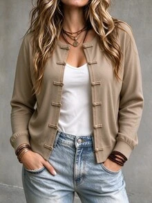 Linhara Plus Size Women's Solid Color Casual Elegant Versatile Daily Cardigan Formal Office Khaki Fall Winter - Camel - View 7