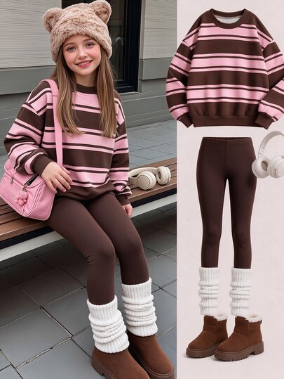 SHEIN Tween Girls Striped Print Crew Neck Sweatshirt Set, Personalized Striped Print Set, Personalized Sweatshirt, Suitable For Autumn/Winter, Daily Outings, Casual Styling, Energetic Styling, Casual Travel, Basic Style, Comfortable And Easy To Wear, Daily Casual